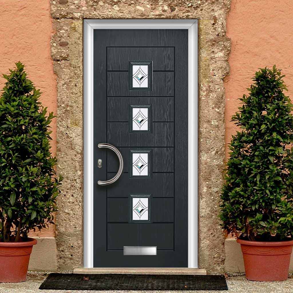 Aruba 4 Urban Style Composite Front Door Set with Pusan Glass - Shown in Anthracite Grey