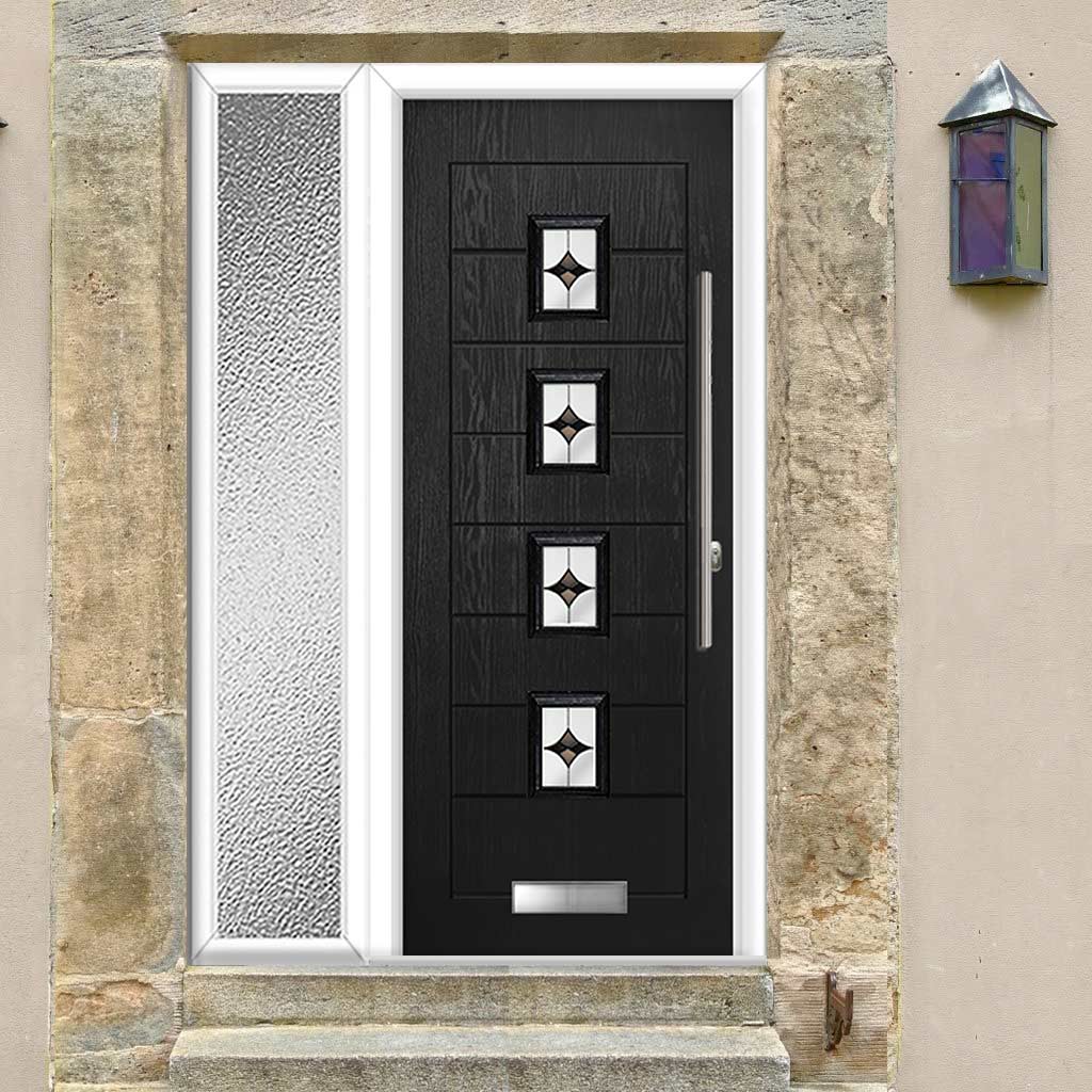 Aruba 4 Urban Style Composite Front Door Set with Single Side Screen - Central Laptev Black Glass - Shown in Black