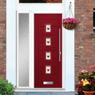 Image: Aruba 4 Urban Style Composite Front Door Set with Single Side Screen - Murano Purple Glass - Shown in Red