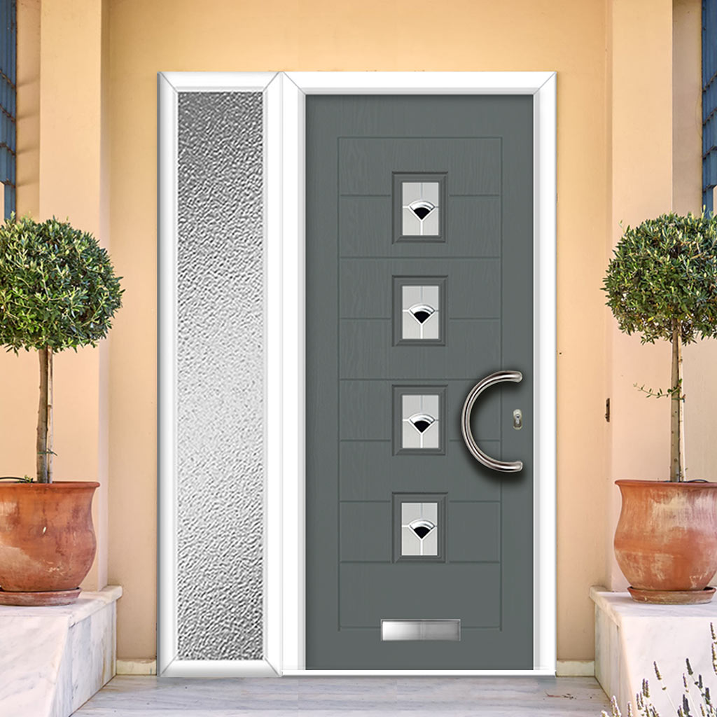 Aruba 4 Urban Style Composite Front Door Set with Single Side Screen - Polar Black Glass - Shown in Mouse Grey