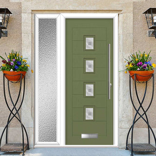 Image: Aruba 4 Urban Style Composite Front Door Set with Single Side Screen - Central Sandblast Ellie Glass - Shown in Reed Green
