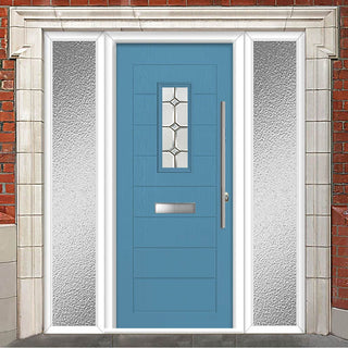 Image: Catalina 1 Urban Style Composite Front Door Set with Double Side Screen - Mirage Glass - Shown in Pastel Blue