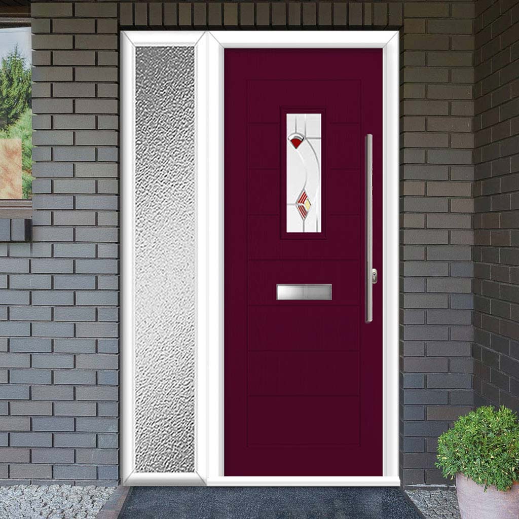 Catalina 1 Urban Style Composite Front Door Set with Single Side Screen - Kupang Red Glass - Shown in Purple Violet