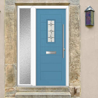 Image: Catalina 1 Urban Style Composite Front Door Set with Single Side Screen - Mirage Glass - Shown in Pastel Blue