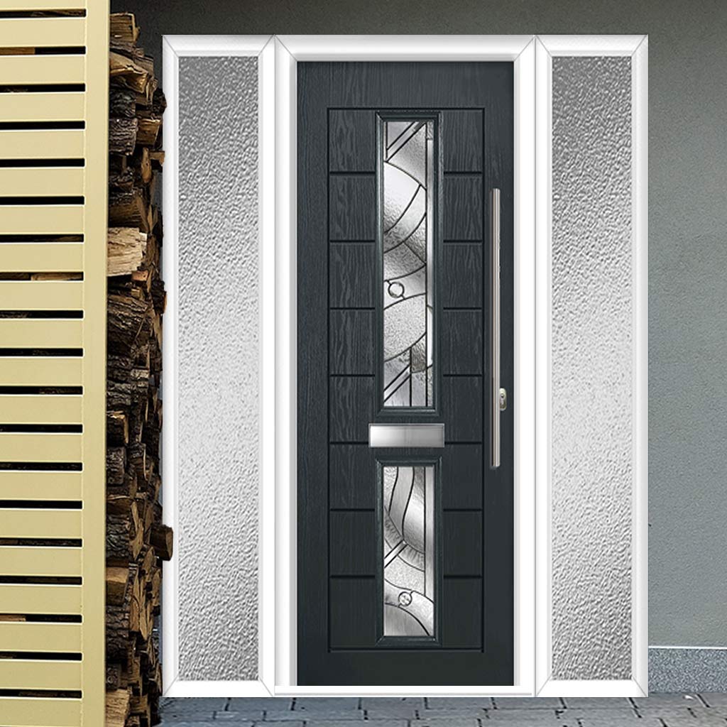 Debonaire 2 Urban Style Composite Front Door Set with Double Side Screen - Central Abstract Glass - Shown in Anthracite Grey