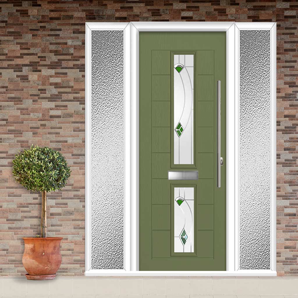 Debonaire 2 Urban Style Composite Front Door Set with Double Side Screen - Central Kupang Green Glass - Shown in Reed Green