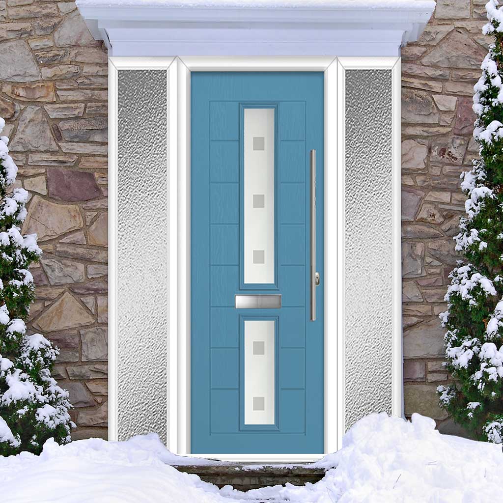 Debonaire 2 Urban Style Composite Front Door Set with Double Side Screen - Central Sandblast Ellie Glass - Shown in Pastel Blue