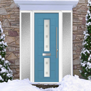 Image: Debonaire 2 Urban Style Composite Front Door Set with Double Side Screen - Central Sandblast Ellie Glass - Shown in Pastel Blue