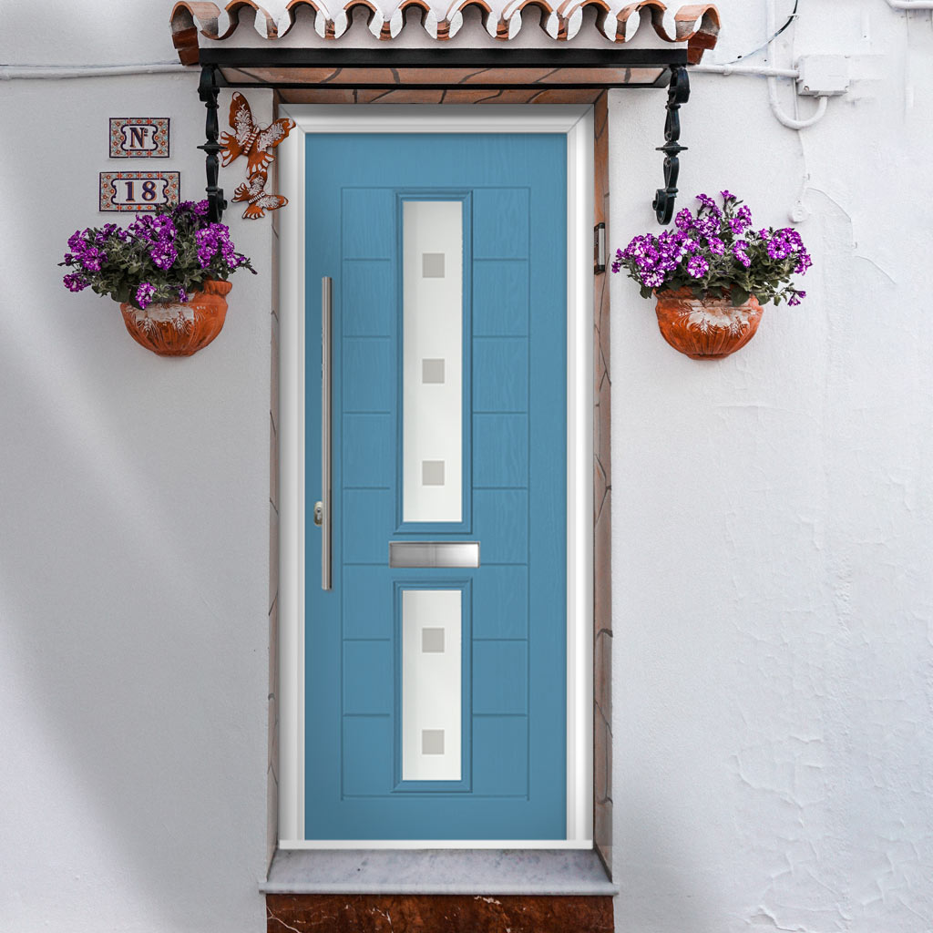 Debonaire 2 Urban Style Composite Front Door Set with Central Sandblast Ellie Glass - Shown in Pastel Blue