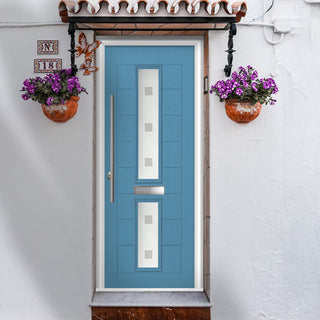 Image: Debonaire 2 Urban Style Composite Front Door Set with Central Sandblast Ellie Glass - Shown in Pastel Blue