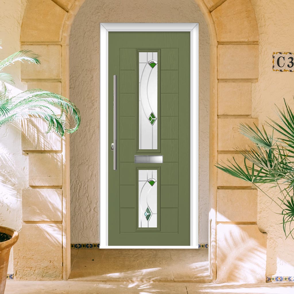 Debonaire 2 Urban Style Composite Front Door Set with Central Kupang Green Glass - Shown in Reed Green