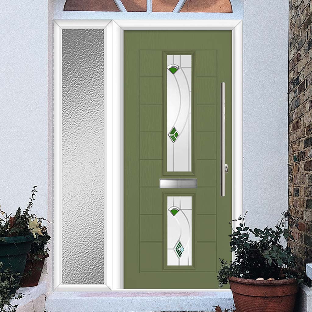 Debonaire 2 Urban Style Composite Front Door Set with Single Side Screen - Central Kupang Green Glass - Shown in Reed Green