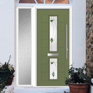 Image: Debonaire 2 Urban Style Composite Front Door Set with Single Side Screen - Central Kupang Green Glass - Shown in Reed Green