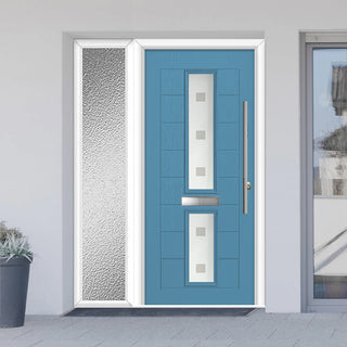 Image: Debonaire 2 Urban Style Composite Front Door Set with Single Side Screen - Central Sandblast Ellie Glass - Shown in Pastel Blue