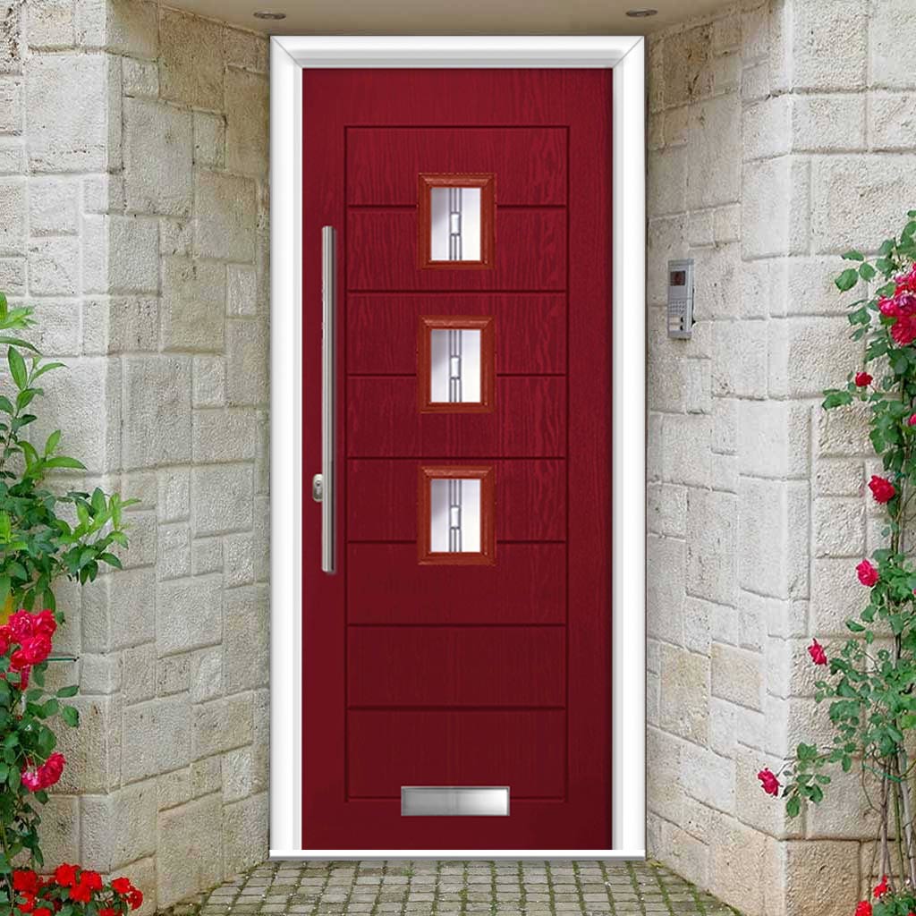 Aruba 3 Urban Style Composite Front Door Set with Central Barite Glass - Shown in Red