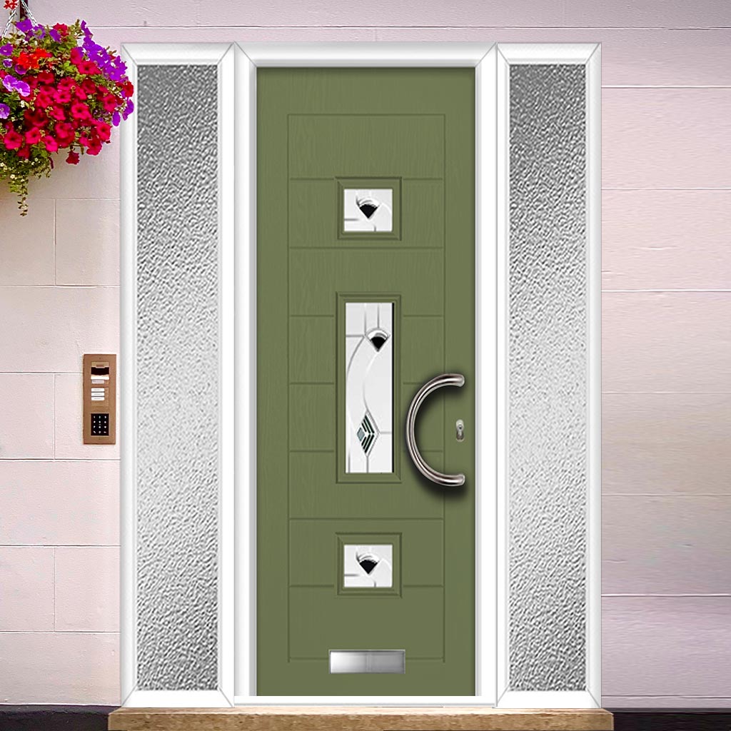 Firenza 3 Urban Style Composite Front Door Set with Double Side Screen - Central Kupang Black Glass - Shown in Reed Green