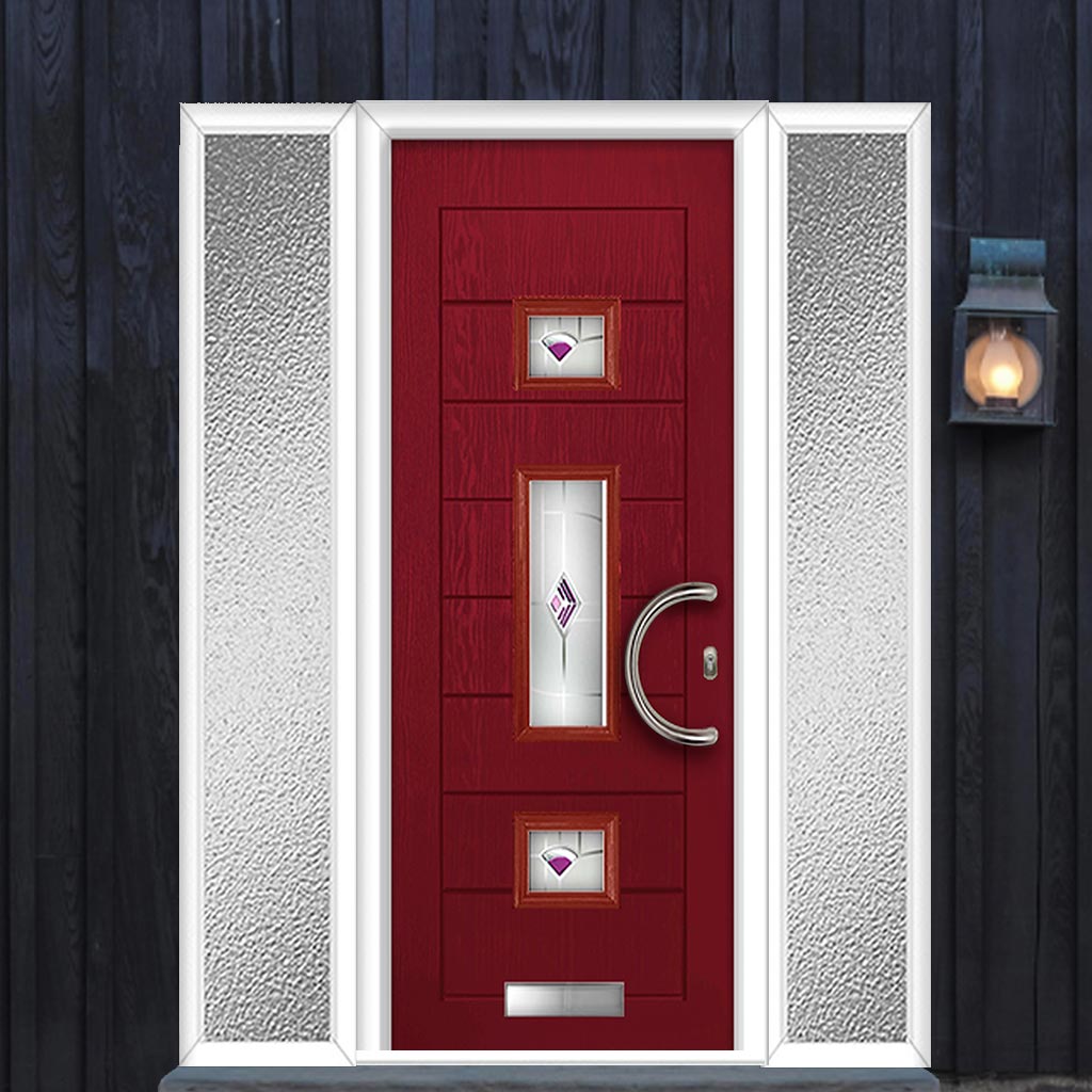 Firenza 3 Urban Style Composite Front Door Set with Double Side Screen - Central Murano Purple Glass - Shown in Red