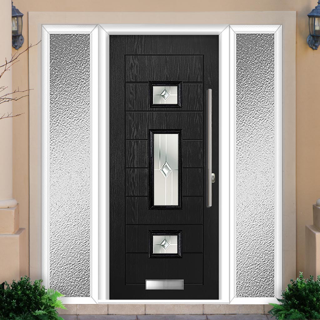 Firenza 3 Urban Style Composite Front Door Set with Double Side Screen - Central Roma Glass - Shown in Black
