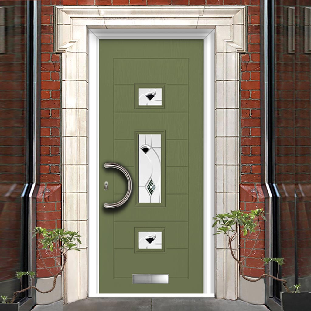 Firenza 3 Urban Style Composite Front Door Set with Central Kupang Black Glass - Shown in Reed Green