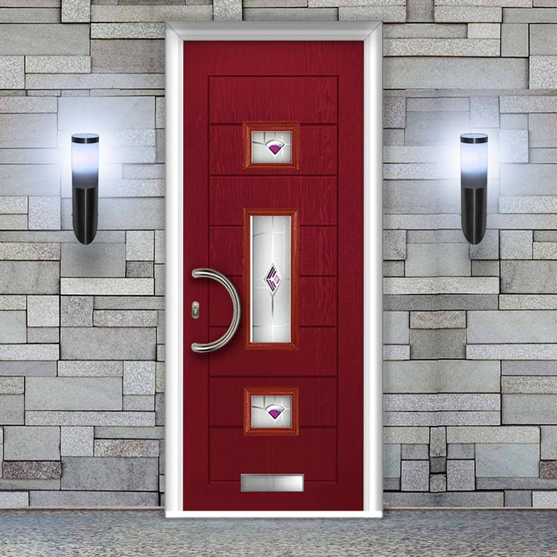Firenza 3 Urban Style Composite Front Door Set with Central Murano Purple Glass - Shown in Red