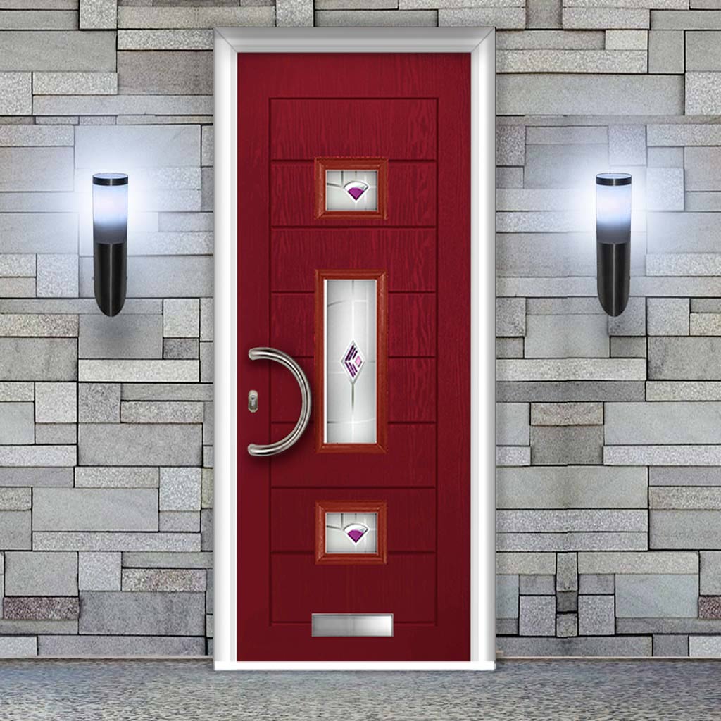 Firenza 3 Urban Style Composite Front Door Set with Central Murano Purple Glass - Shown in Red