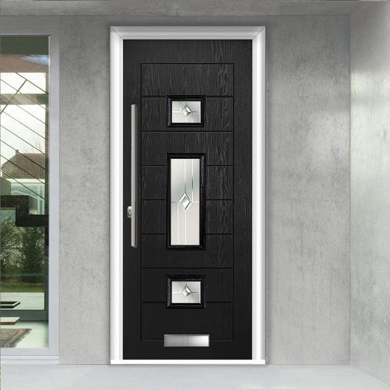 Firenza 3 Urban Style Composite Front Door Set with Central Roma Glass - Shown in Black