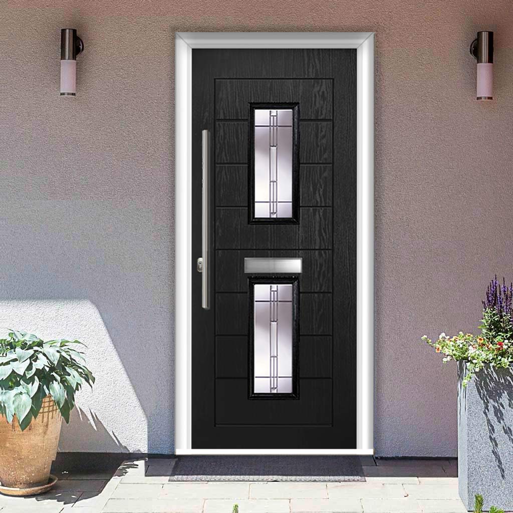 Seville 2 Urban Style Composite Front Door Set with Barite Glass - Shown in Black