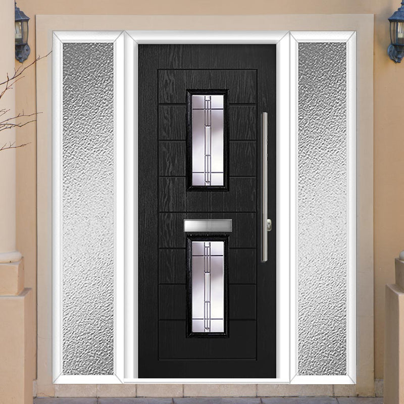 Seville 2 Urban Style Composite Front Door Set with Double Side Screen - Barite Glass - Shown in Black