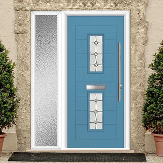 Image: Seville 2 Urban Style Composite Front Door Set with Single Side Screen - Mirage Glass - Shown in Pastel Blue