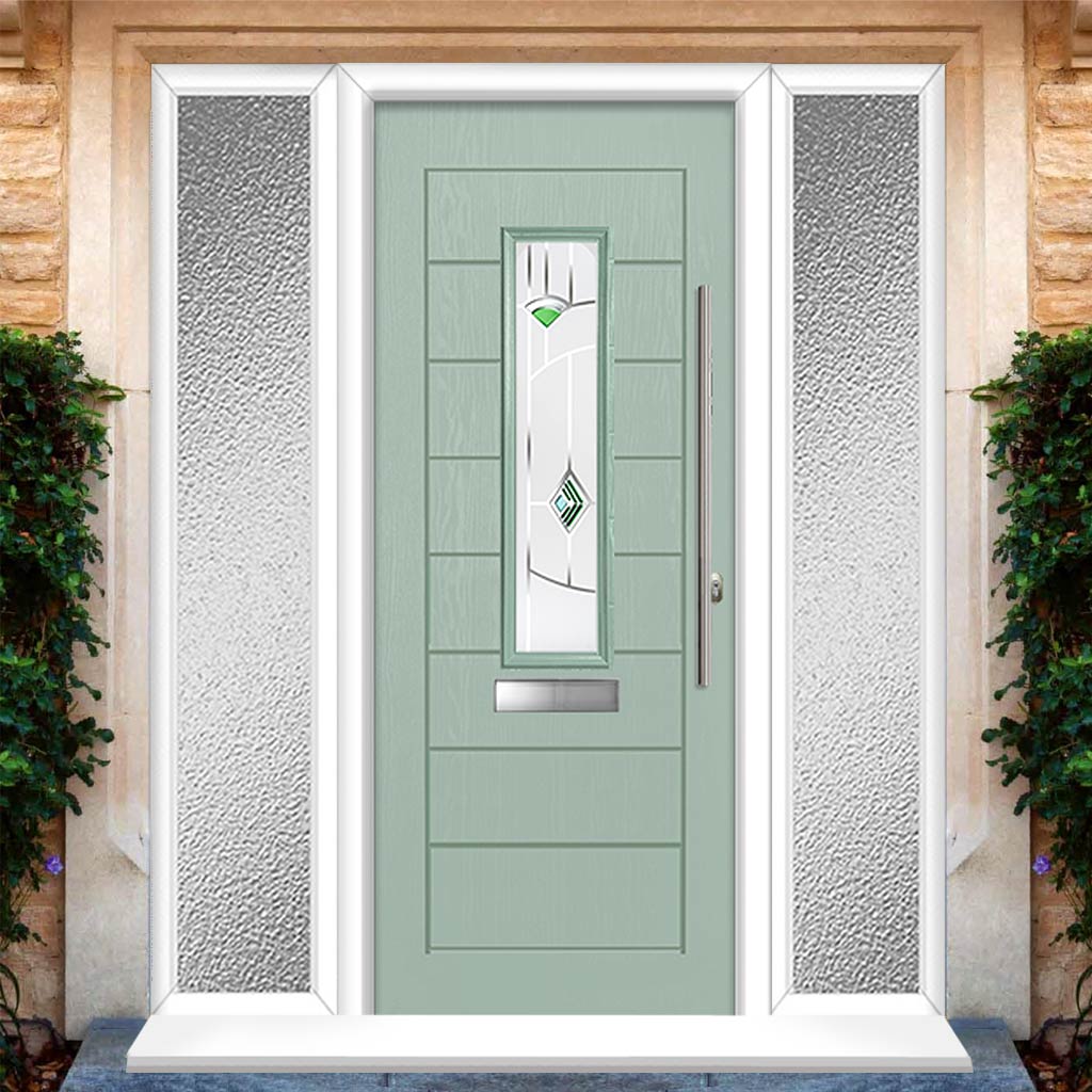 Tortola 1 Urban Style Composite Front Door Set with Double Side Screen - Murano Green Glass - Shown in Chartwell Green
