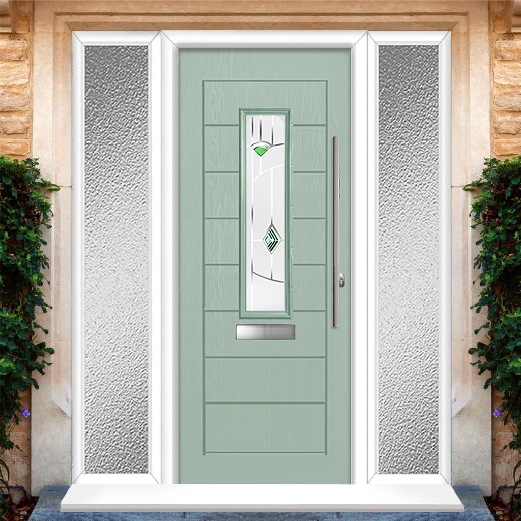 Tortola 1 Urban Style Composite Front Door Set with Double Side Screen - Murano Green Glass - Shown in Chartwell Green