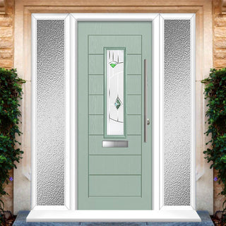 Image: Tortola 1 Urban Style Composite Front Door Set with Double Side Screen - Murano Green Glass - Shown in Chartwell Green