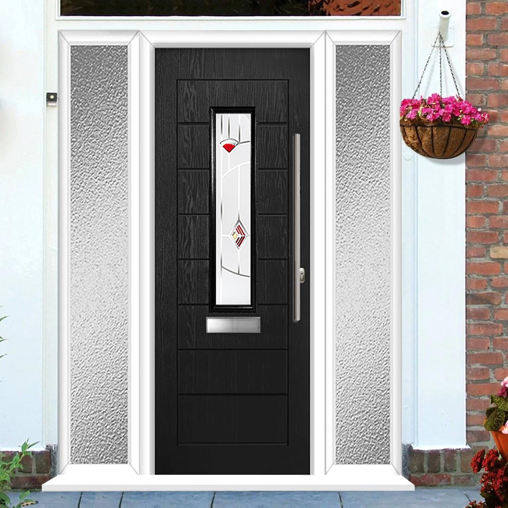 Tortola 1 Urban Style Composite Front Door Set with Double Side Screen - Murano Red Glass - Shown in Black