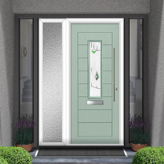 Image: Tortola 1 Urban Style Composite Front Door Set with Single Side Screen - Murano Green Glass - Shown in Chartwell Green