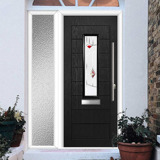 Image: Tortola 1 Urban Style Composite Front Door Set with Single Side Screen - Murano Red Glass - Shown in Black
