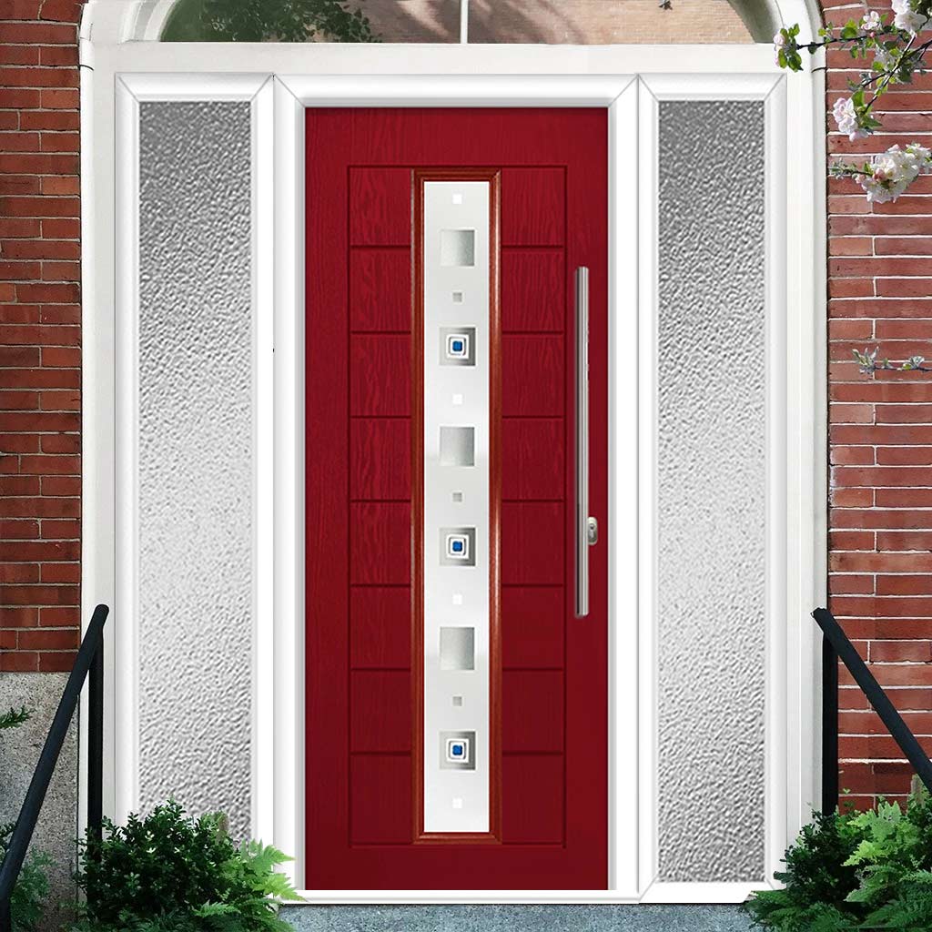 Uracco 1 Urban Style Composite Front Door Set with Double Side Screen - Central Tahoe Blue Glass - Shown in Red