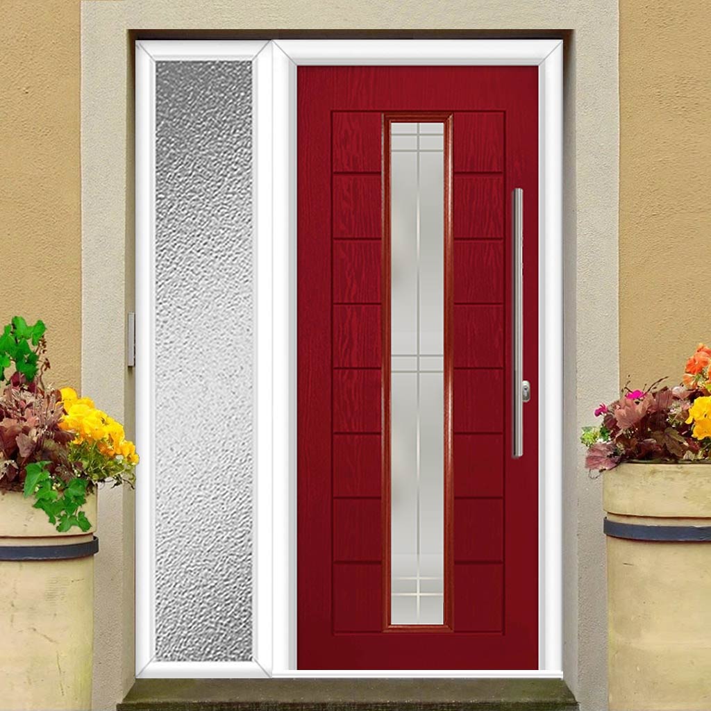 Uracco 1 Urban Style Composite Front Door Set with Single Side Screen - Linear Glass - Shown in Red