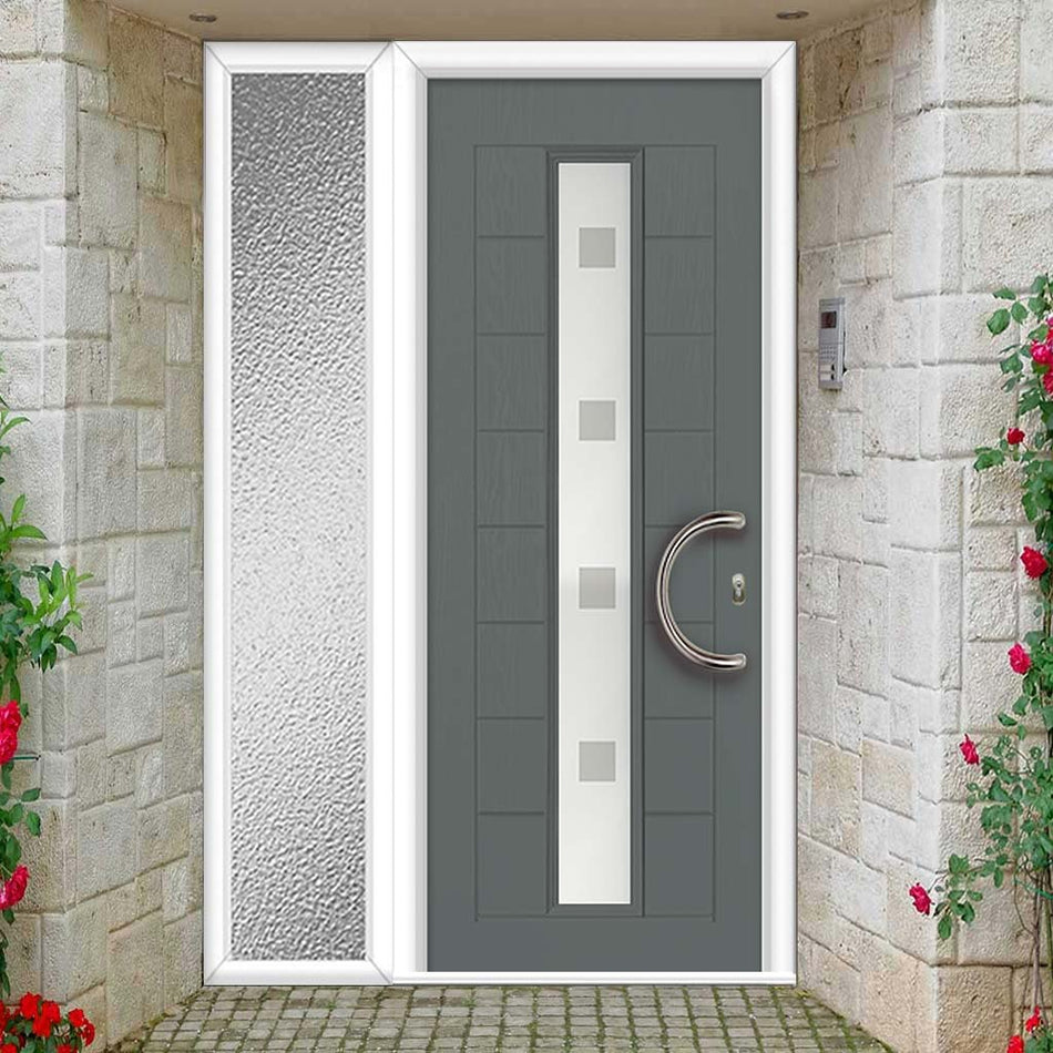 Uracco 1 Urban Style Composite Front Door Set with Single Side Screen - Sandblast Ellie Glass - Shown in Mouse Grey