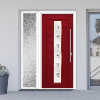 Image: Uracco 1 Urban Style Composite Front Door Set with Single Side Screen - Central Tahoe Blue Glass - Shown in Red
