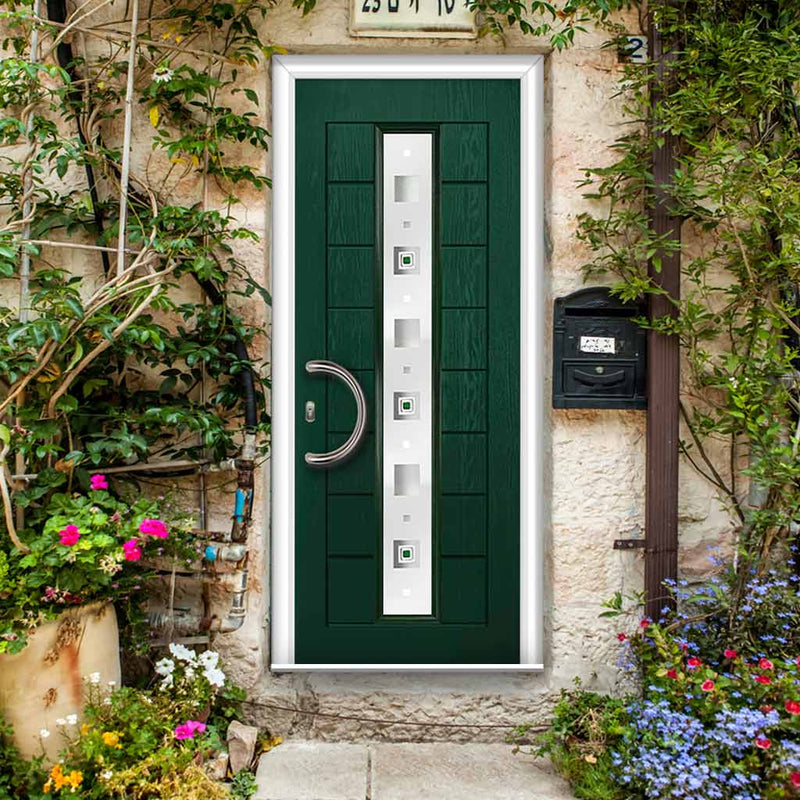 Uracco 1 Urban Style Composite Front Door Set with Central Tahoe Green Glass - Shown in Green