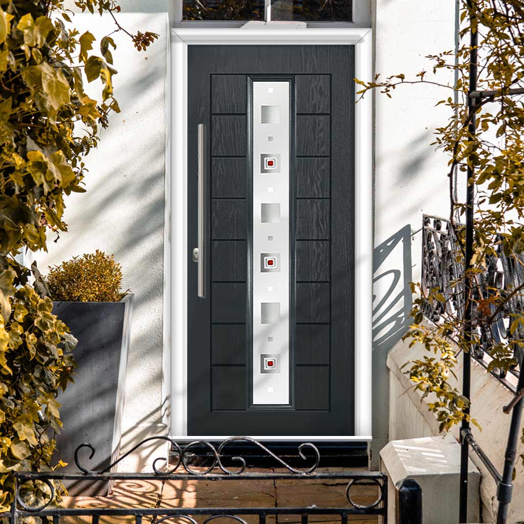 Uracco 1 Urban Style Composite Front Door Set with Central Tahoe Red Glass - Shown in Anthracite Grey