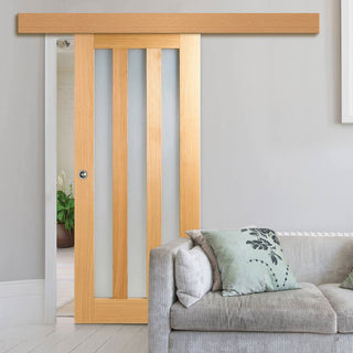Image: Single Sliding Door & Wall Track - Utah 3 Pane Oak Door - Frosted Glass - Unfinished