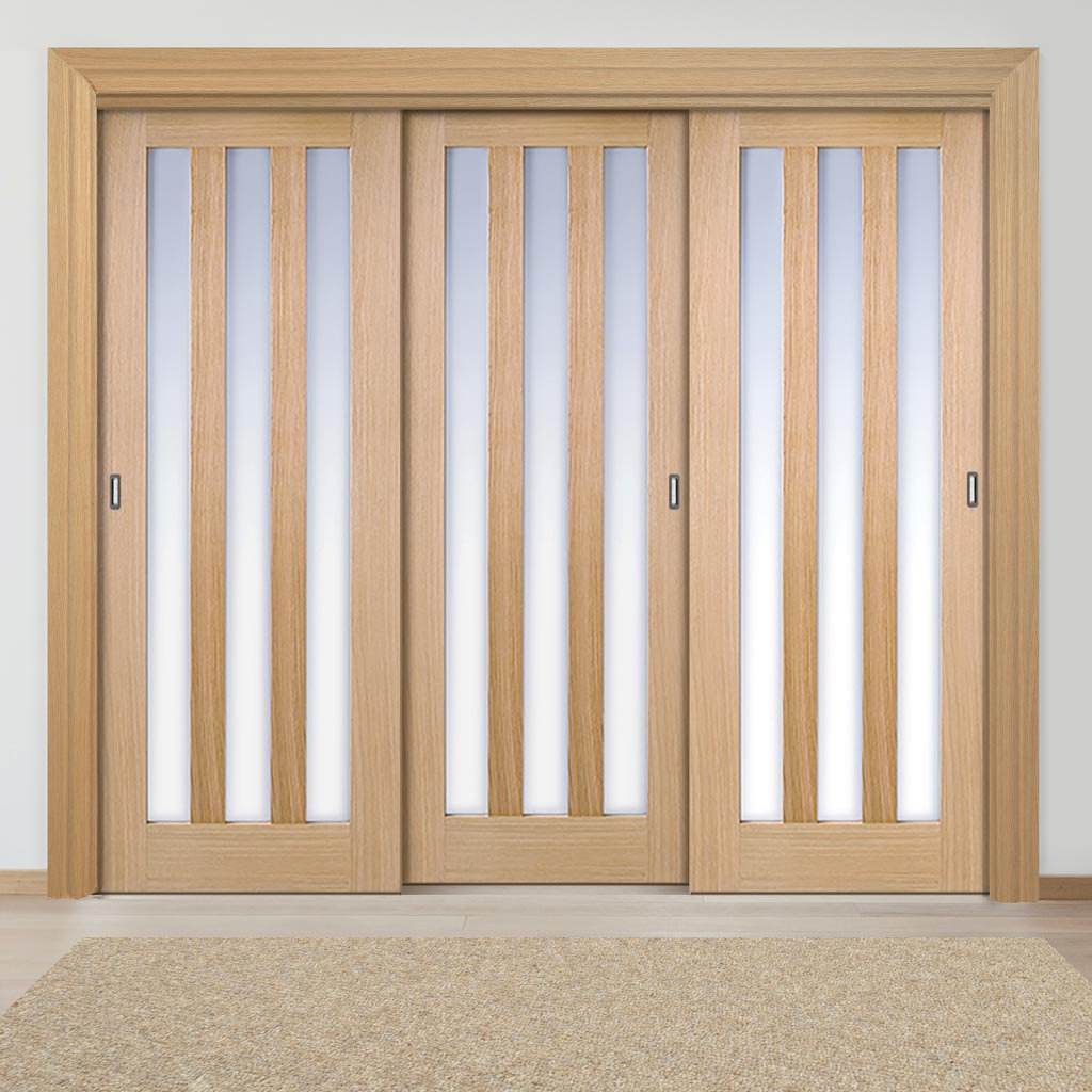 Three Sliding Wardrobe Doors & Frame Kit - Utah 3 Pane Oak Door - Frosted Glass - Prefinished