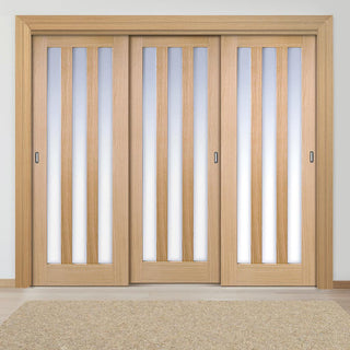 Image: Three Sliding Wardrobe Doors & Frame Kit - Utah 3 Pane Oak Door - Frosted Glass - Prefinished