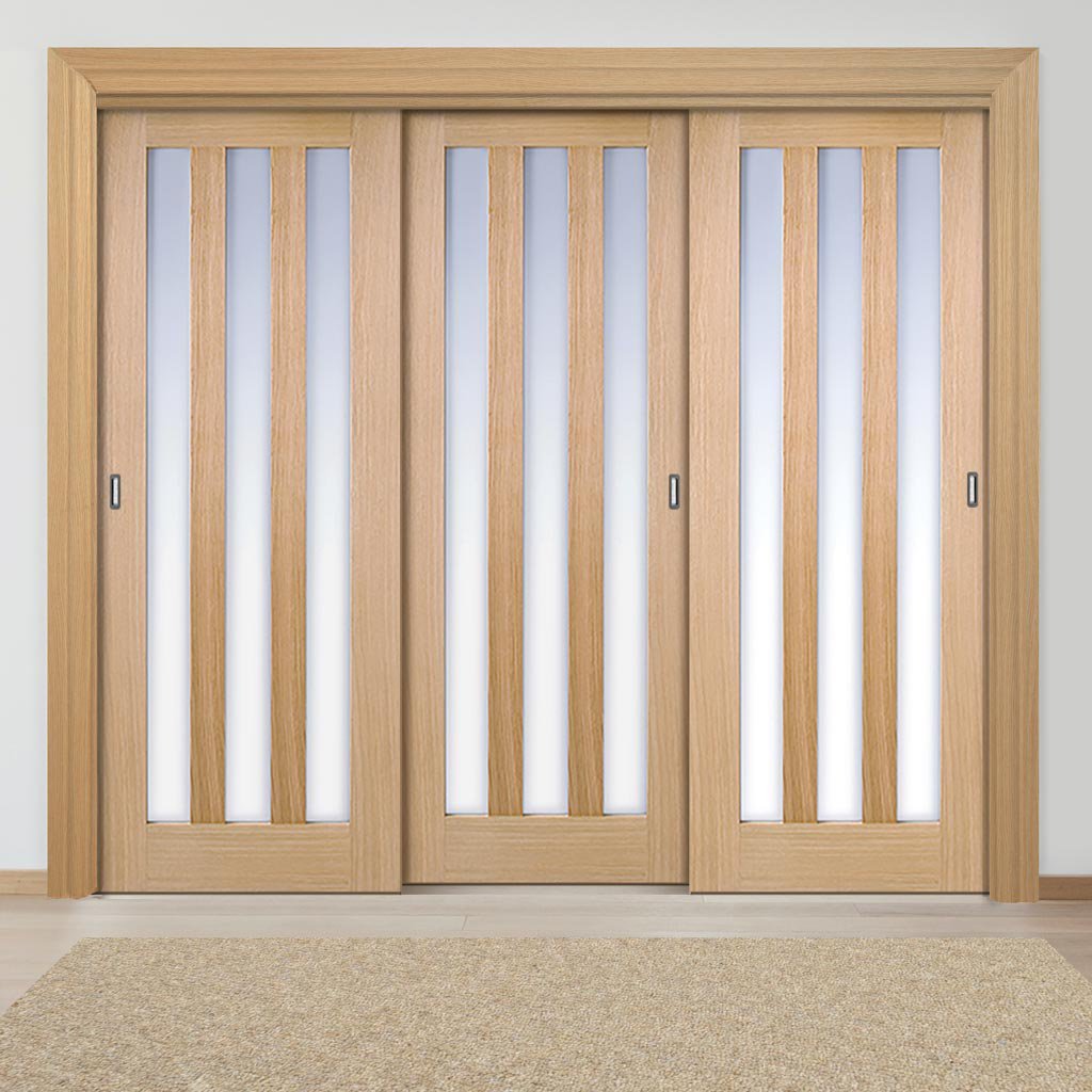 Minimalist Wardrobe Door & Frame Kit - Three Utah 3 Pane Oak Doors - Frosted Glass