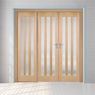 Image: ThruEasi Room Divider - Utah 3 Pane Oak Frosted Glass Unfinished Double Doors with Single Side