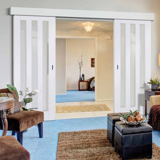 Image: Double Sliding Door & Wall Track - Utah 3 Pane Doors - Clear Glass - White Primed