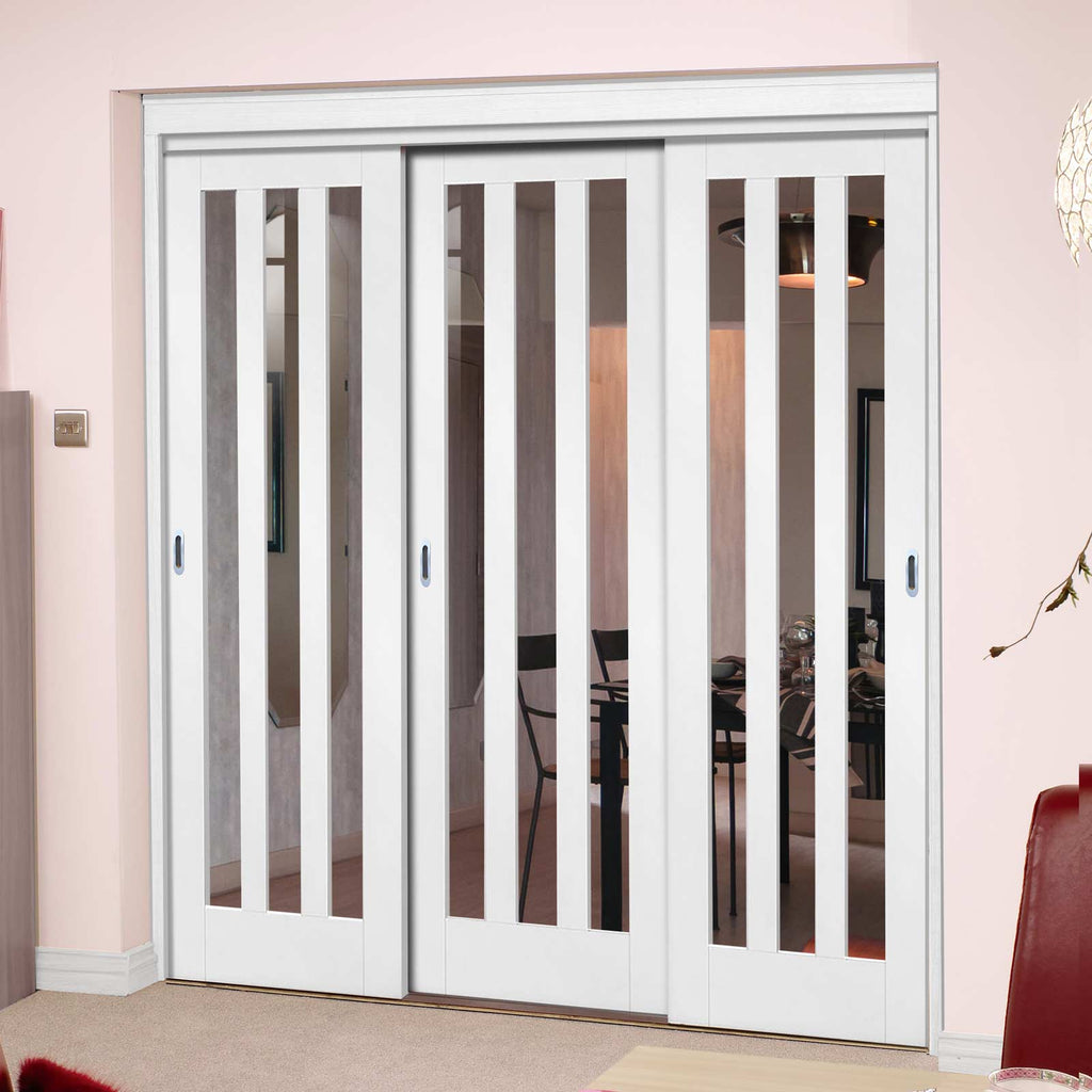 Three Sliding Doors and Frame Kit - Utah 3 Pane Door - Clear Glass - White Primed
