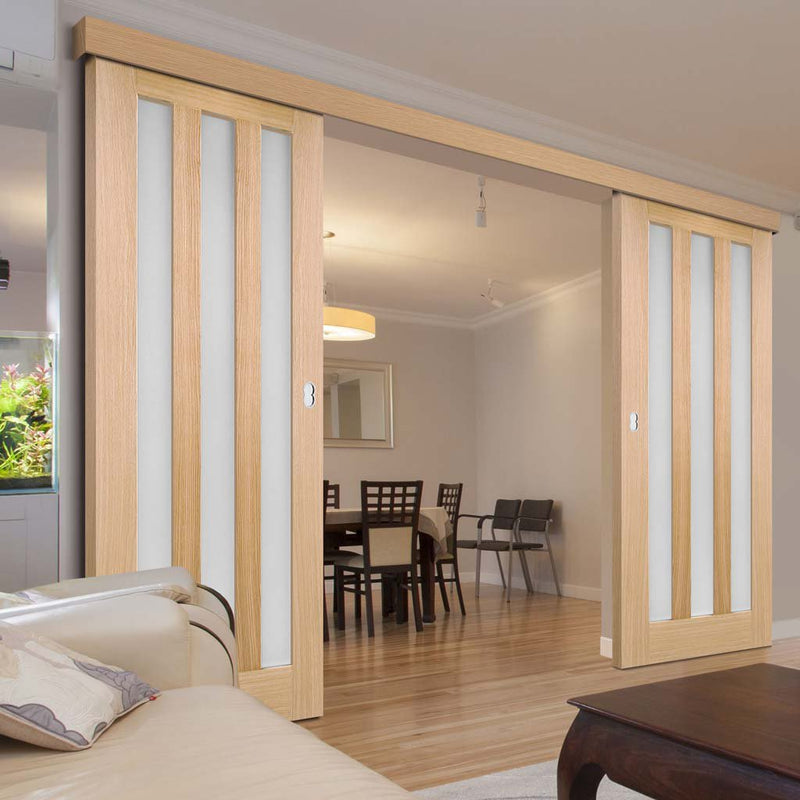 Double Sliding Door & Wall Track - Utah 3 Pane Oak Doors - Frosted Glass - Prefinished