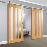 Double Sliding Door & Track - Utah 3 Pane Oak Doors - Frosted Glass - Prefinished